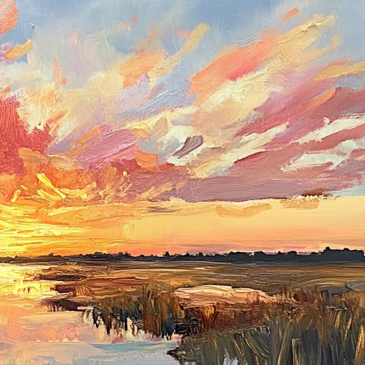 EMBERGLOW MARSH: Colorful Palette Knife Sunset Landscape Painting