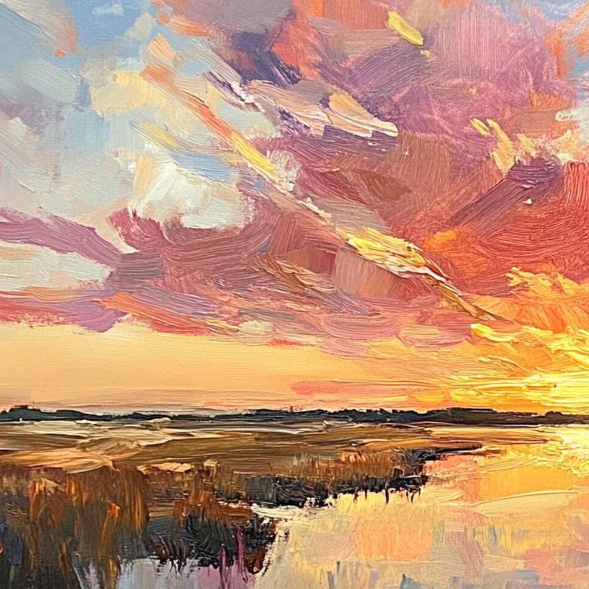 EMBERGLOW MARSH: Colorful Palette Knife Sunset Landscape Painting