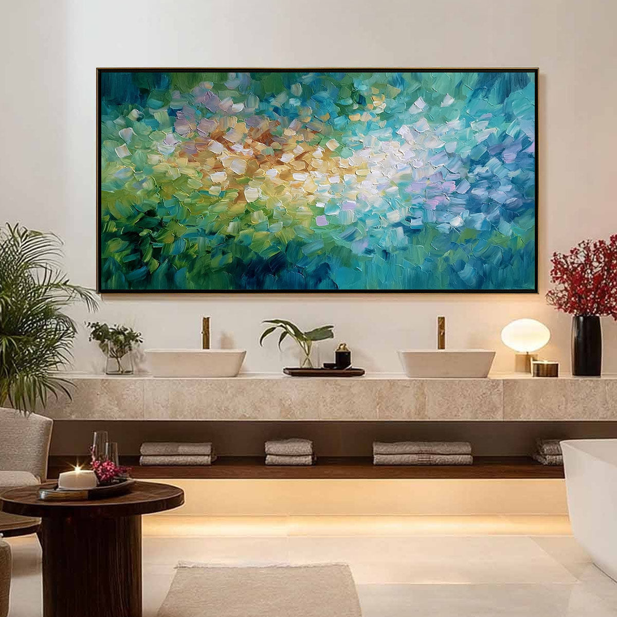 EMERALD BLOOM: Colorful Textured Abstract Floral Palette Knife Painting