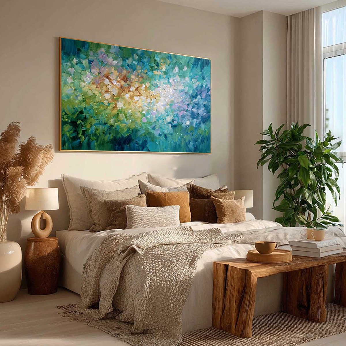 EMERALD BLOOM: Colorful Textured Abstract Floral Palette Knife Painting