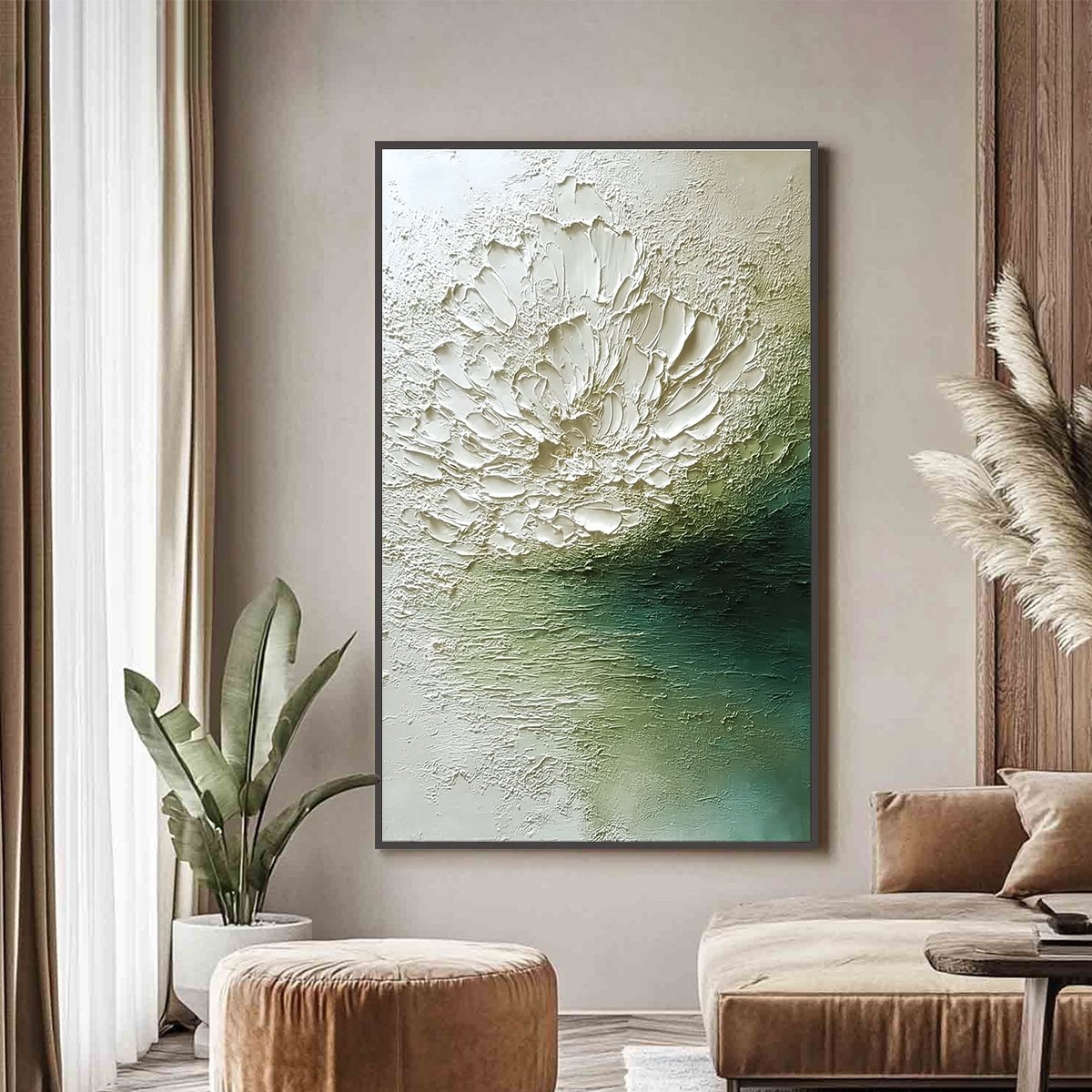EMERALD BLOOM: Textured Wabi Sabi Floral Abstract Wall Art