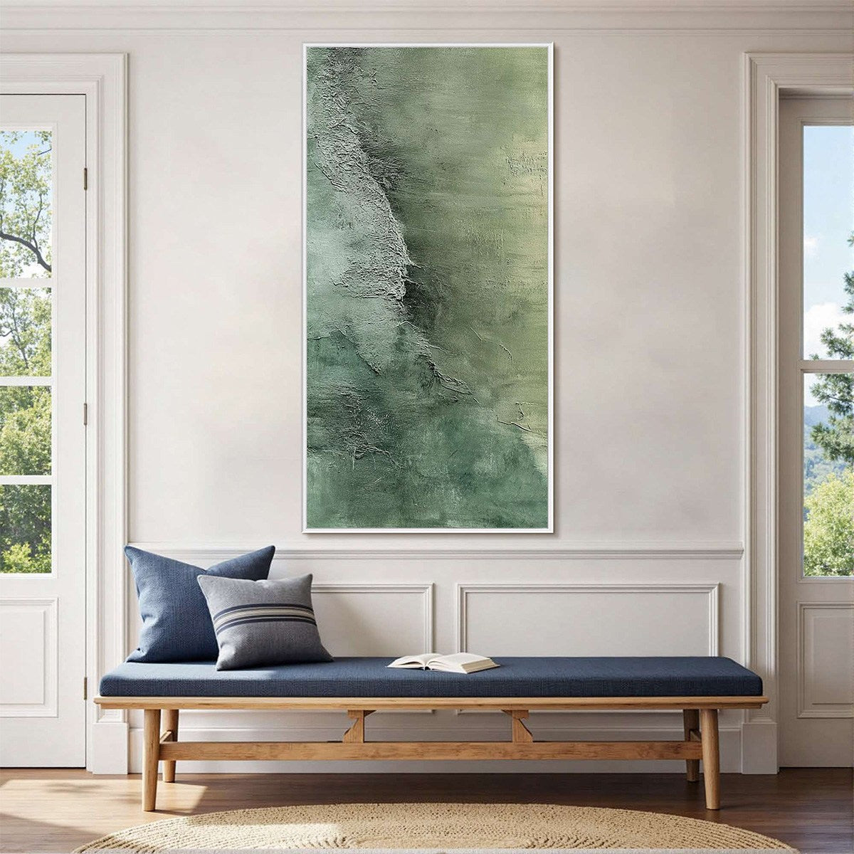 Emerald Depths: Textured Green Abstract Oil Painting