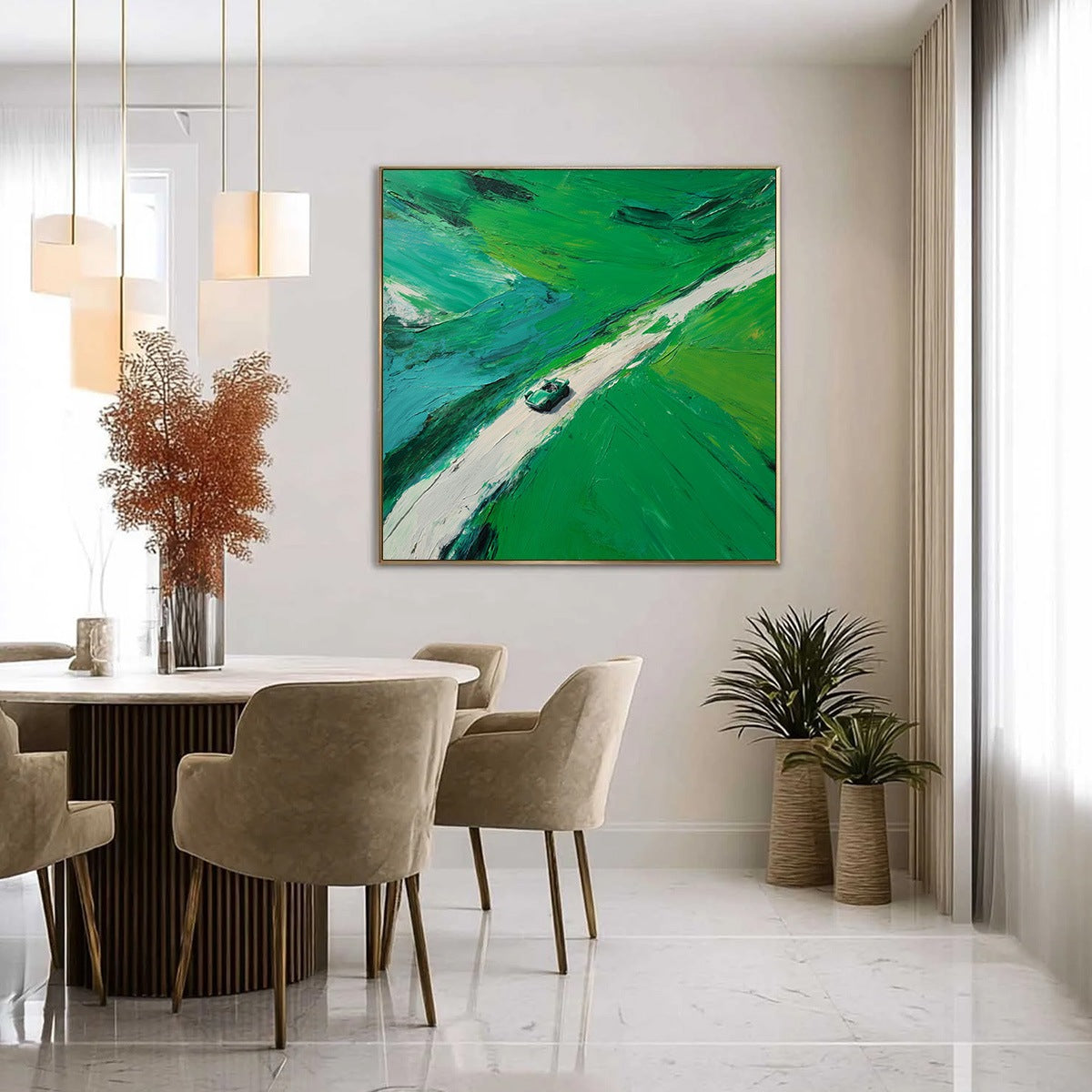 EMERALD ESCAPE: Textured Aerial View Painting of a Vintage Sports Car