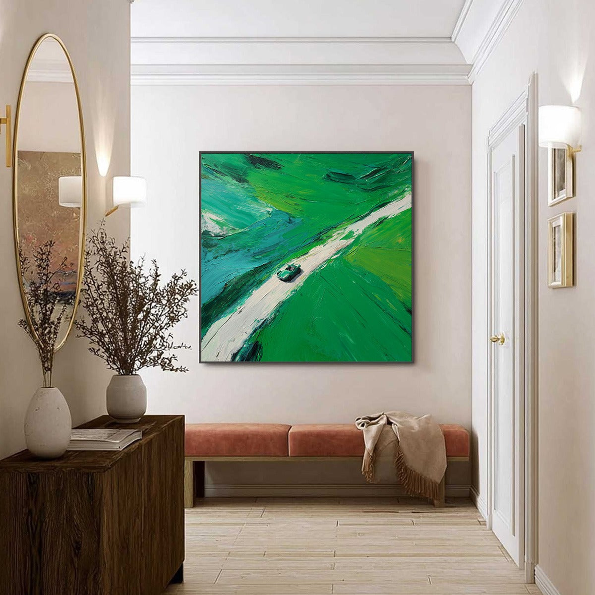 EMERALD ESCAPE: Textured Aerial View Painting of a Vintage Sports Car