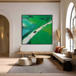 EMERALD ESCAPE: Textured Aerial View Painting of a Vintage Sports Car