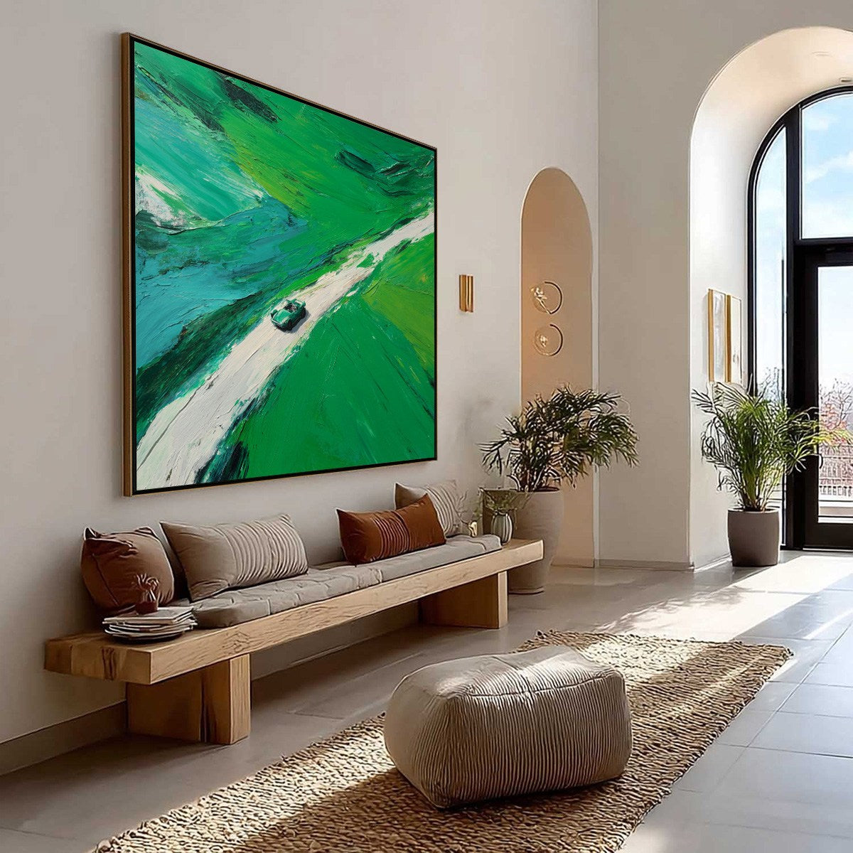 EMERALD ESCAPE: Textured Aerial View Painting of a Vintage Sports Car