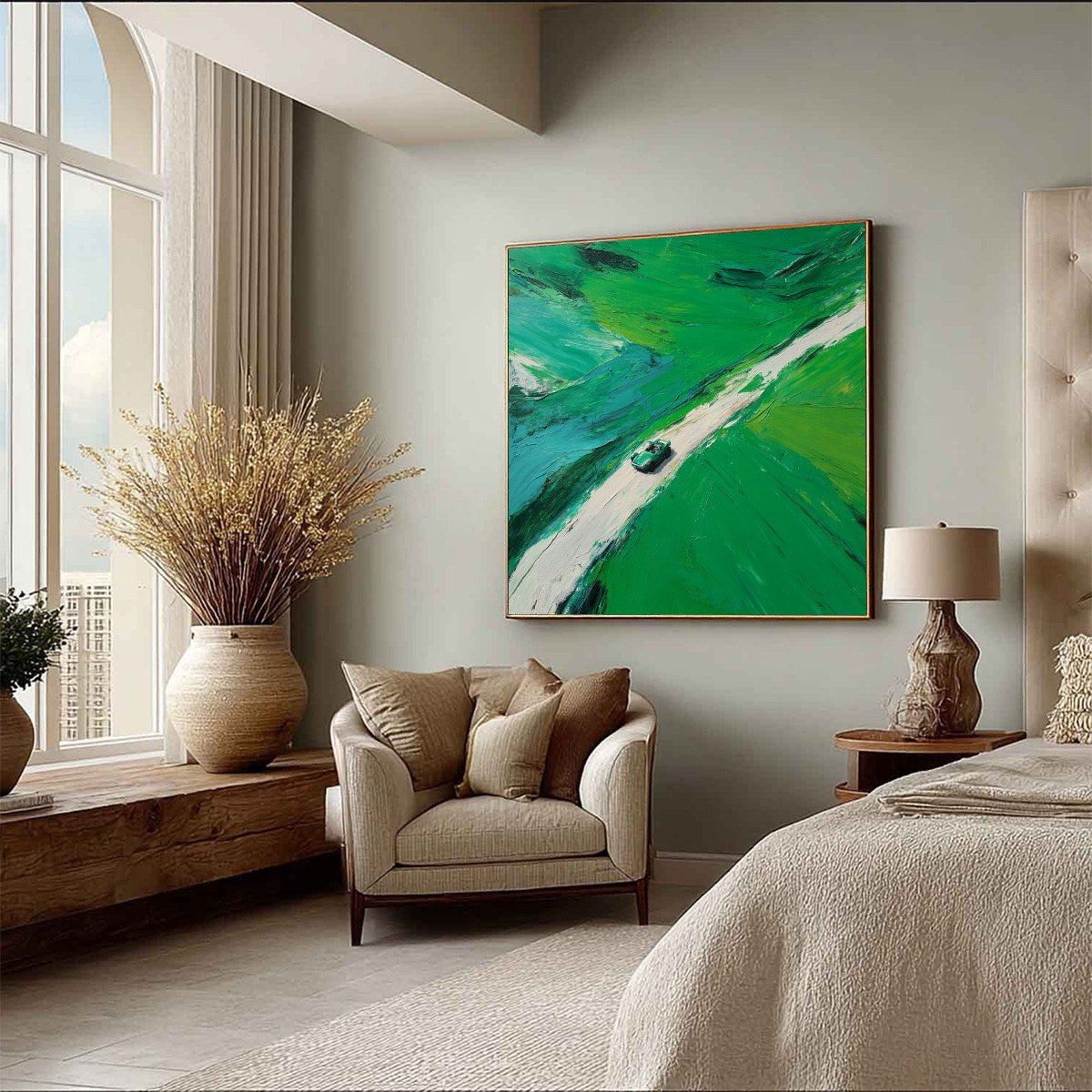 EMERALD ESCAPE: Textured Aerial View Painting of a Vintage Sports Car