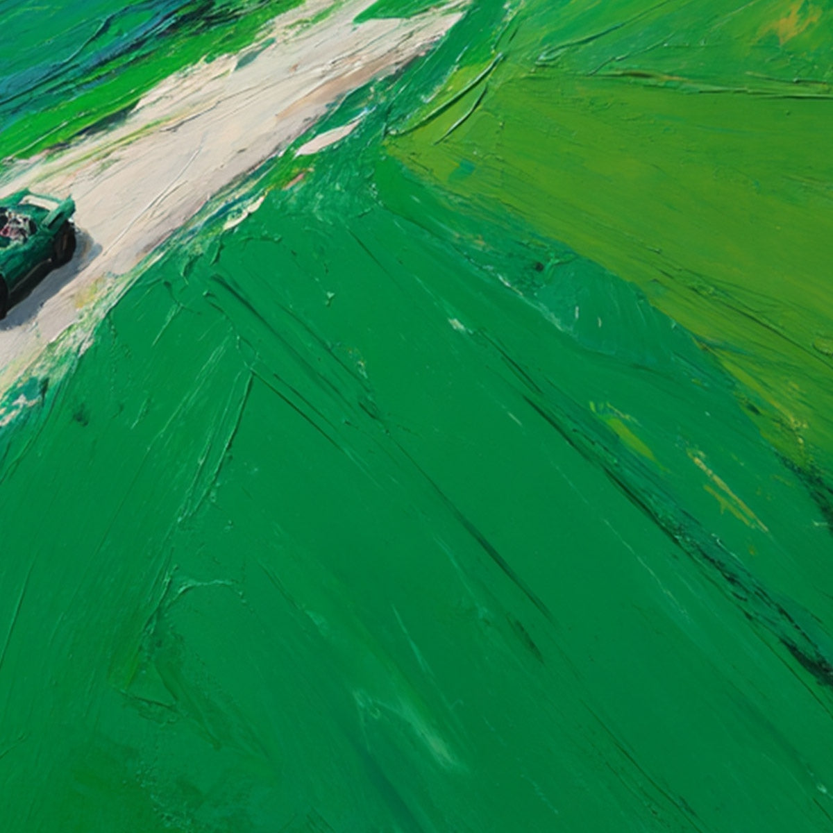 EMERALD ESCAPE: Textured Aerial View Painting of a Vintage Sports Car