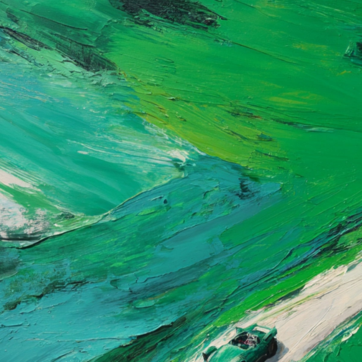 EMERALD ESCAPE: Textured Aerial View Painting of a Vintage Sports Car