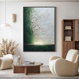 EMERALD FALL: Large Green and White Textured Wabi Sabi Abstract Painting