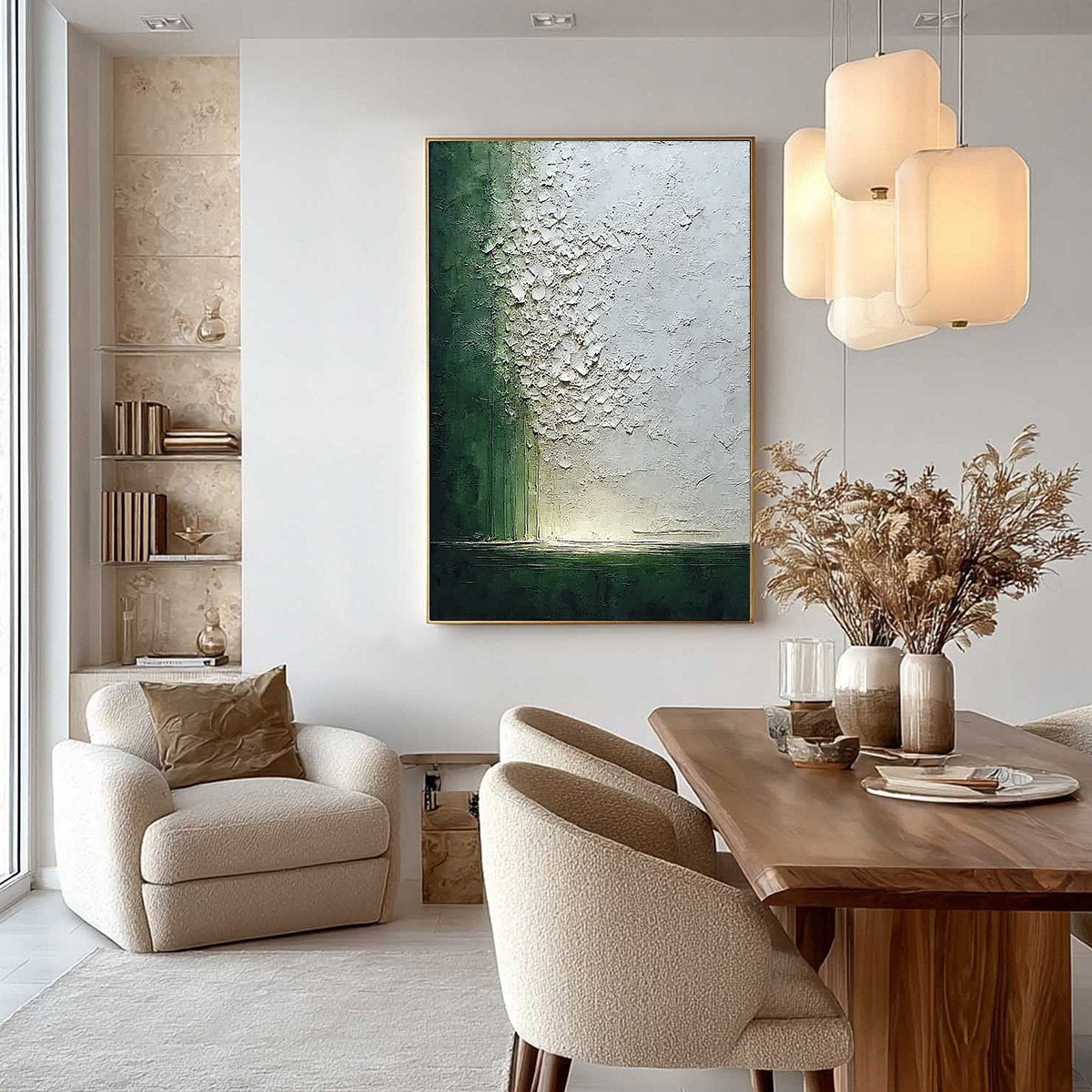 EMERALD FALL: Large Green and White Textured Wabi Sabi Abstract Painting