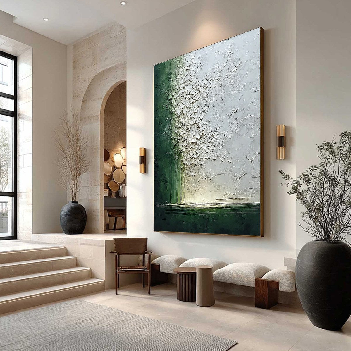 EMERALD FALL: Large Green and White Textured Wabi Sabi Abstract Painting
