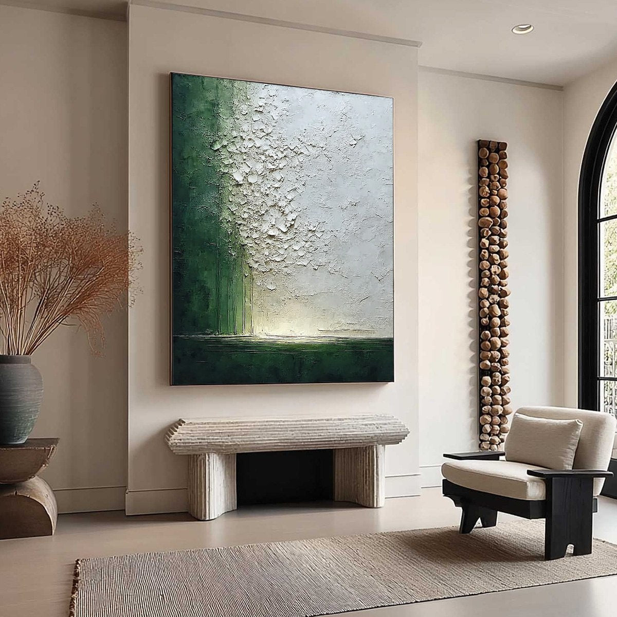EMERALD FALL: Large Green and White Textured Wabi Sabi Abstract Painting