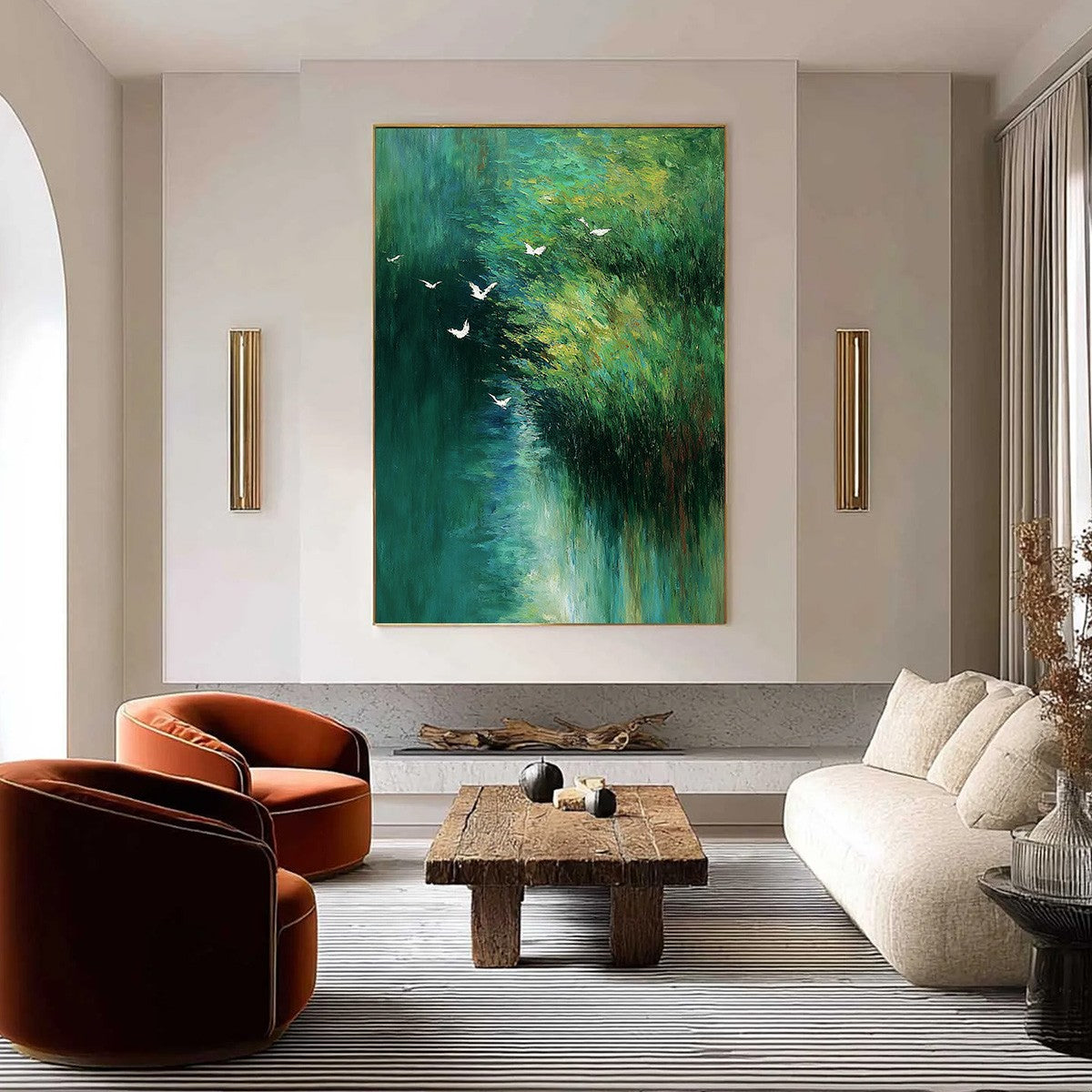 Emerald Flight: Abstract Green Forest Bird Textured Oil Painting