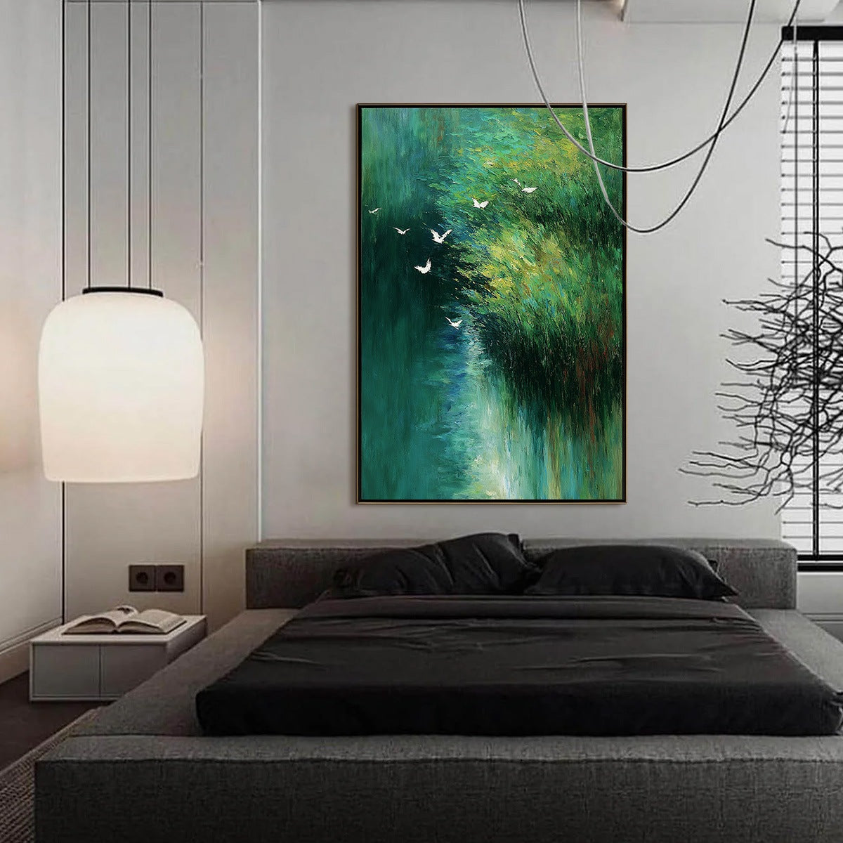 Emerald Flight: Abstract Green Forest Bird Textured Oil Painting