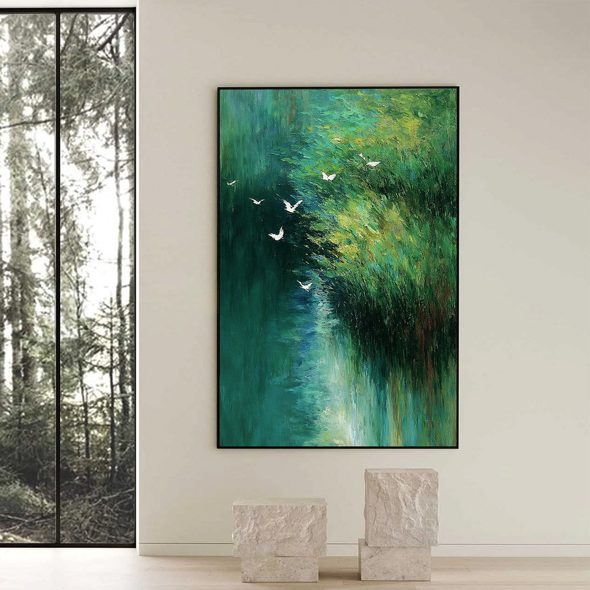 EMERALD FLIGHT: Abstract Green Forest & Birds Textured Oil Painting
