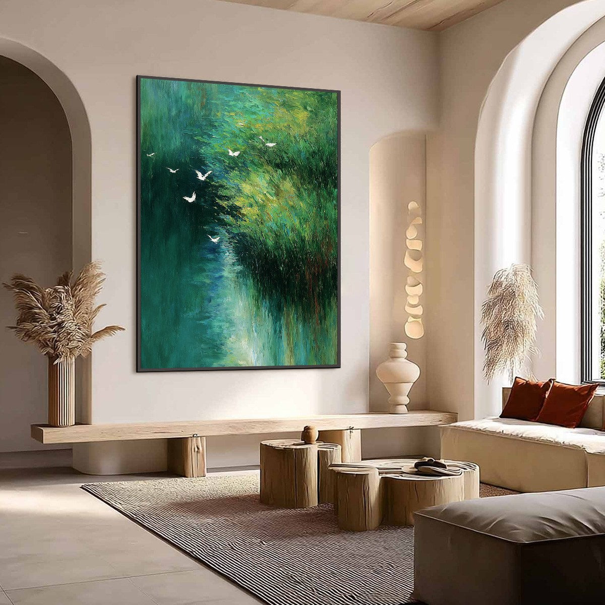 EMERALD FLIGHT: Abstract Green Forest & Birds Textured Oil Painting