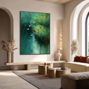 EMERALD FLIGHT: Abstract Green Forest & Birds Textured Oil Painting