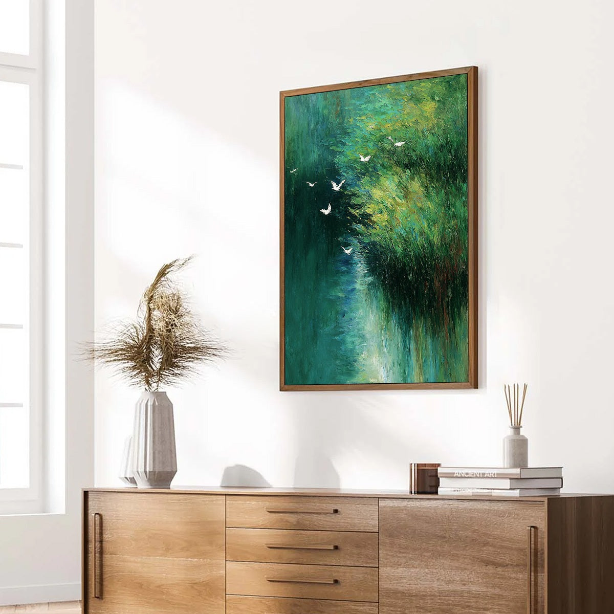 EMERALD FLIGHT: Abstract Green Forest & Birds Textured Oil Painting