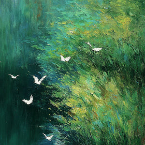 EMERALD FLIGHT: Abstract Green Forest & Birds Textured Oil Painting