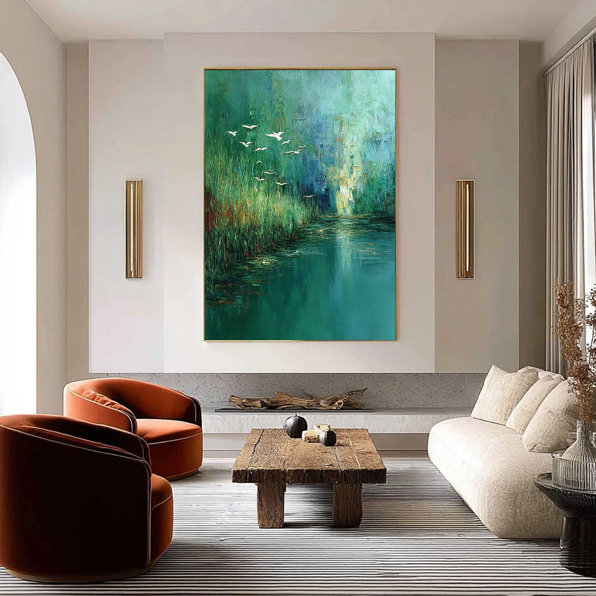 EMERALD FLIGHT: Textured Abstract Landscape Painting of Birds Over a Marsh