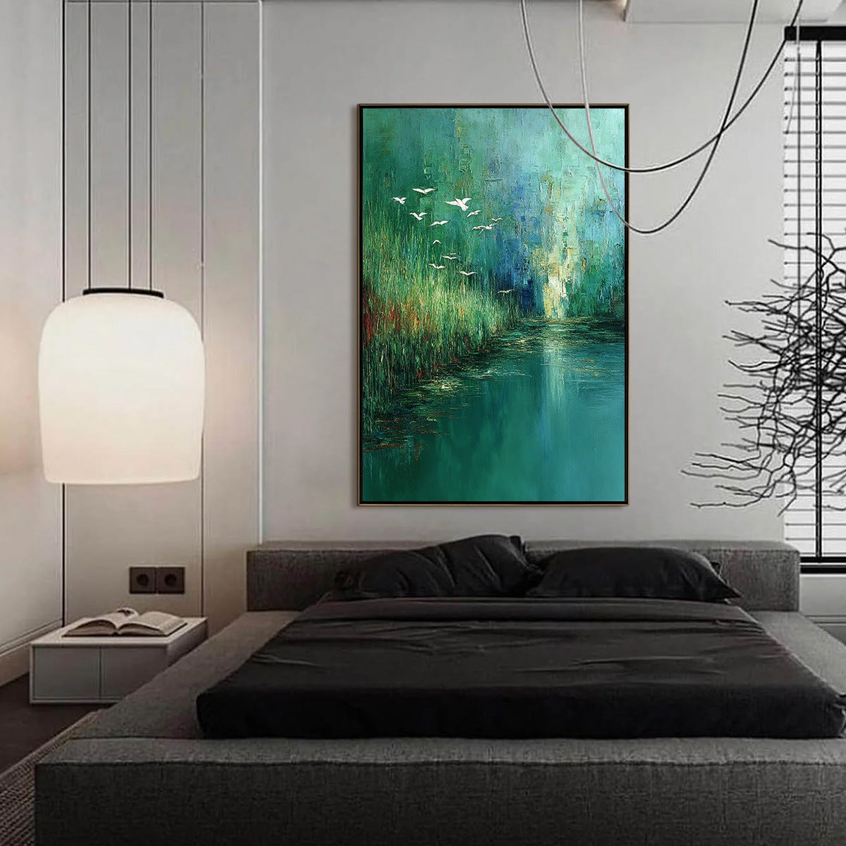 EMERALD FLIGHT: Textured Abstract Landscape Painting of Birds Over a Marsh