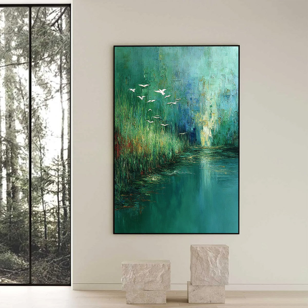 EMERALD FLIGHT: Textured Abstract Landscape Painting of Birds Over a Marsh