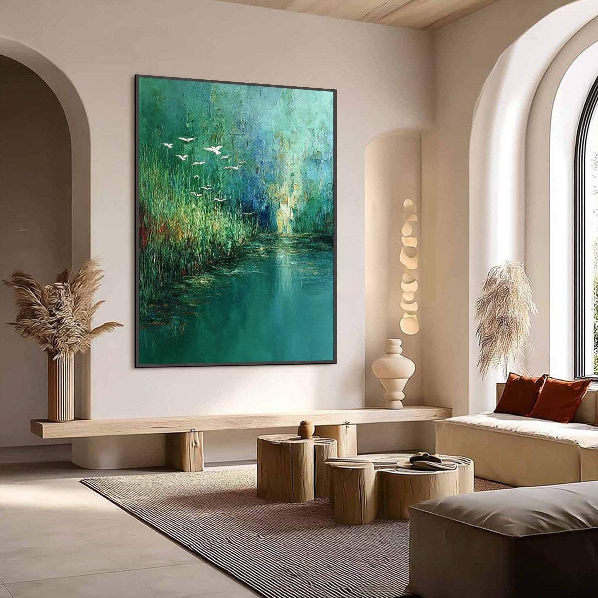 EMERALD FLIGHT: Textured Abstract Landscape Painting of Birds Over a Marsh