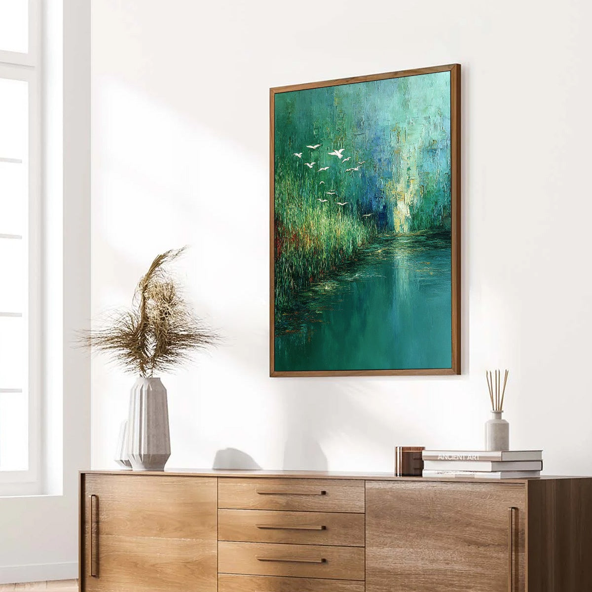 EMERALD FLIGHT: Textured Abstract Landscape Painting of Birds Over a Marsh