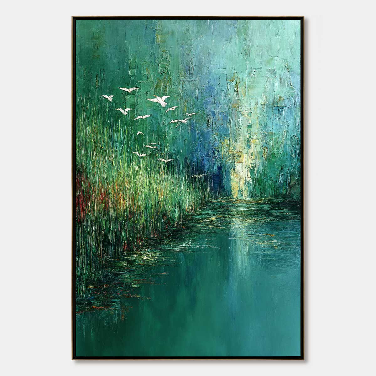 EMERALD FLIGHT: Textured Abstract Landscape Painting of Birds Over a Marsh