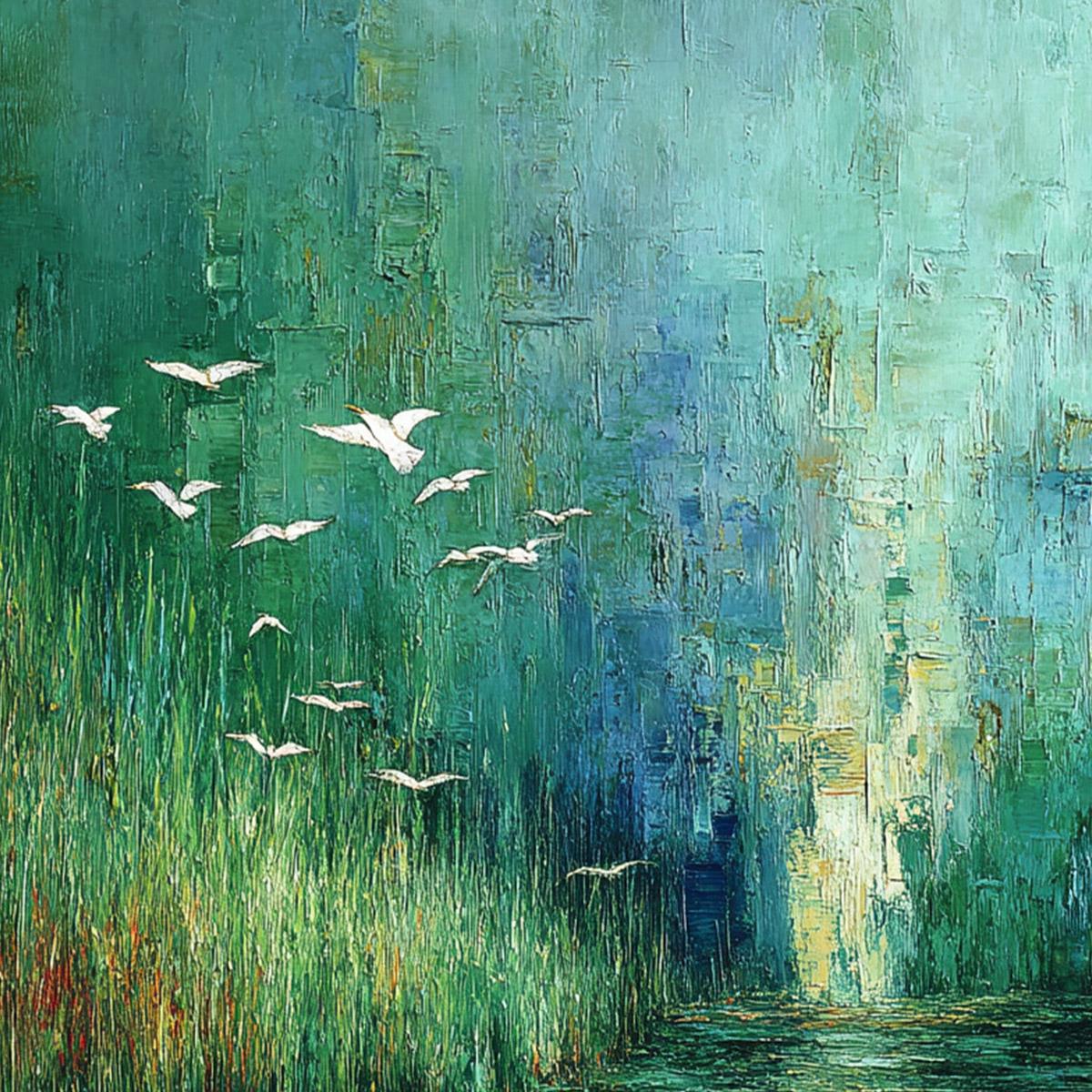 EMERALD FLIGHT: Textured Abstract Landscape Painting of Birds Over a Marsh