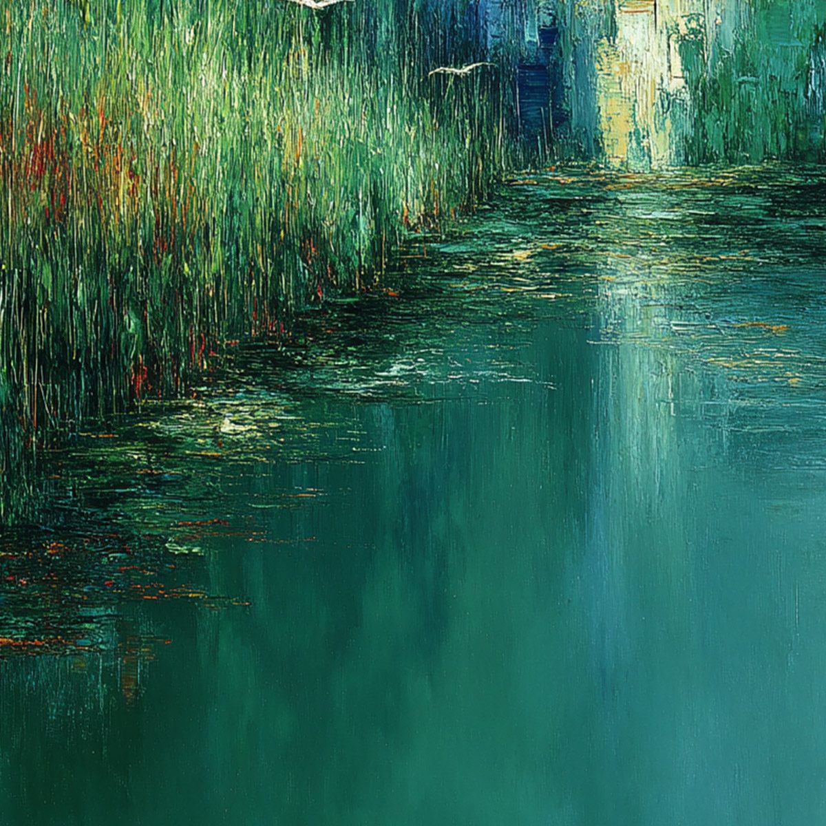 EMERALD FLIGHT: Textured Abstract Landscape Painting of Birds Over a Marsh