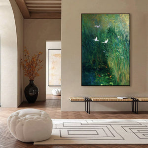 EMERALD FLIGHT: Vibrant Nature Painting of Birds Over a Serene Pond