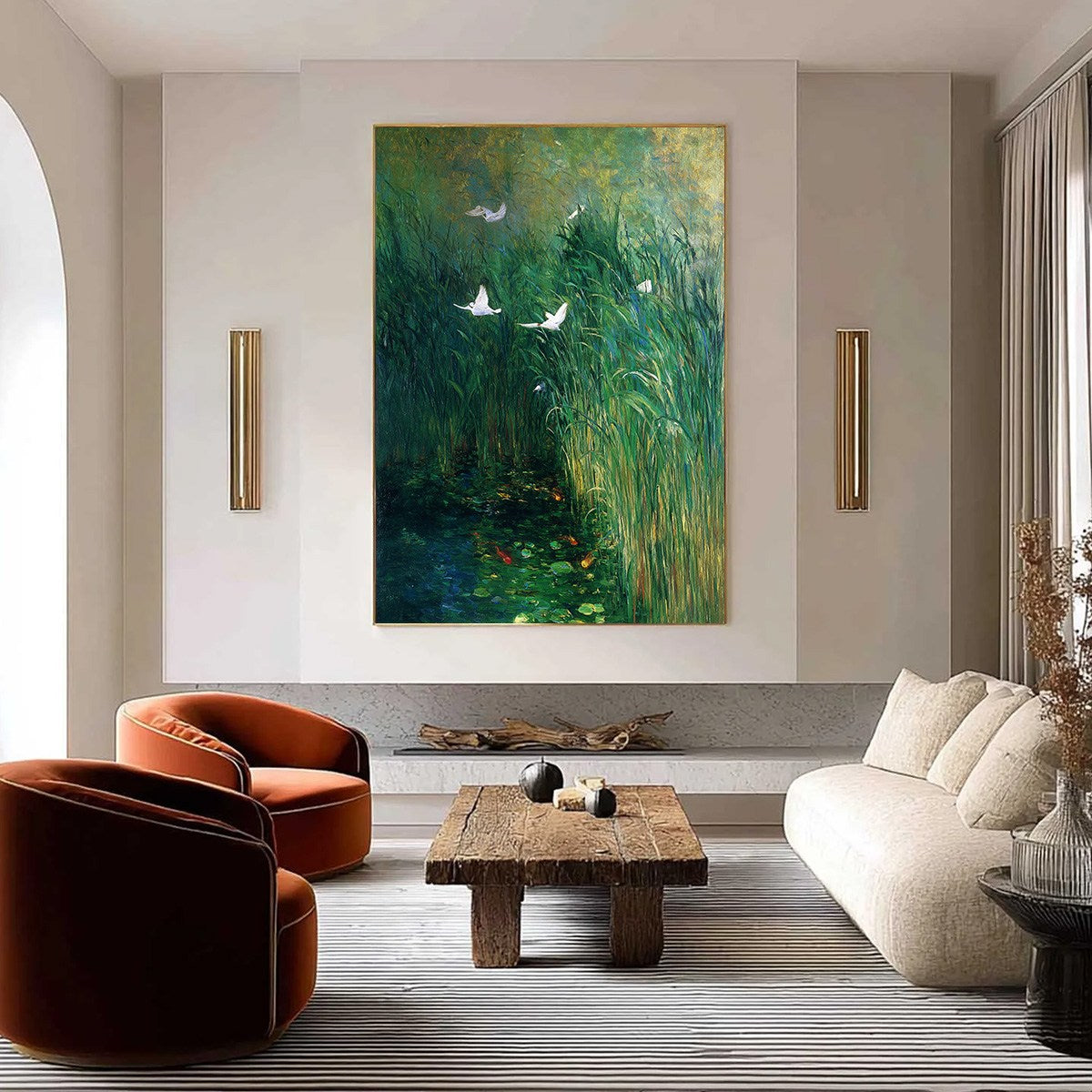 EMERALD FLIGHT: Vibrant Nature Painting of Birds Over a Serene Pond