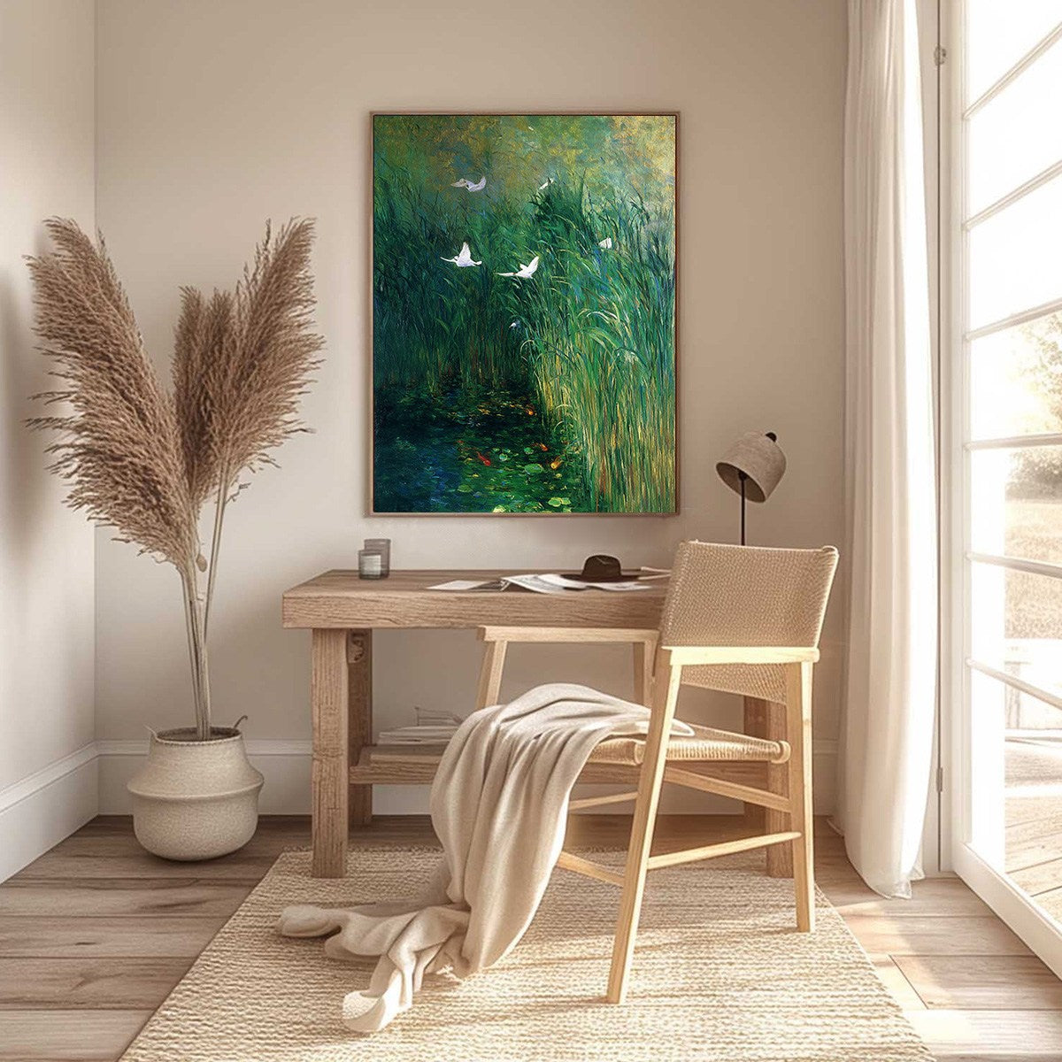 EMERALD FLIGHT: Vibrant Nature Painting of Birds Over a Serene Pond