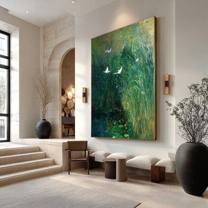 EMERALD FLIGHT: Vibrant Nature Painting of Birds Over a Serene Pond