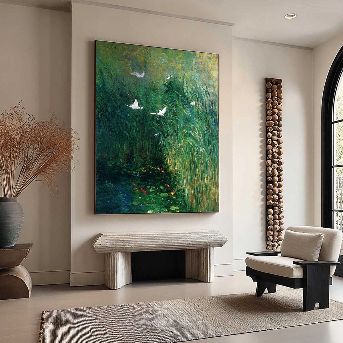 EMERALD FLIGHT: Vibrant Nature Painting of Birds Over a Serene Pond