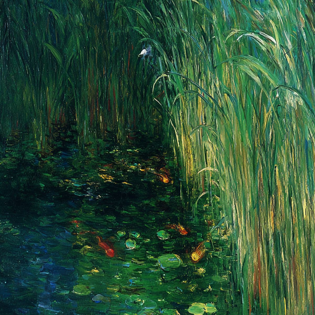 EMERALD FLIGHT: Vibrant Nature Painting of Birds Over a Serene Pond