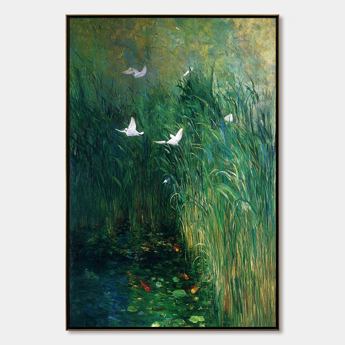 EMERALD FLIGHT: Vibrant Nature Painting of Birds Over a Serene Pond