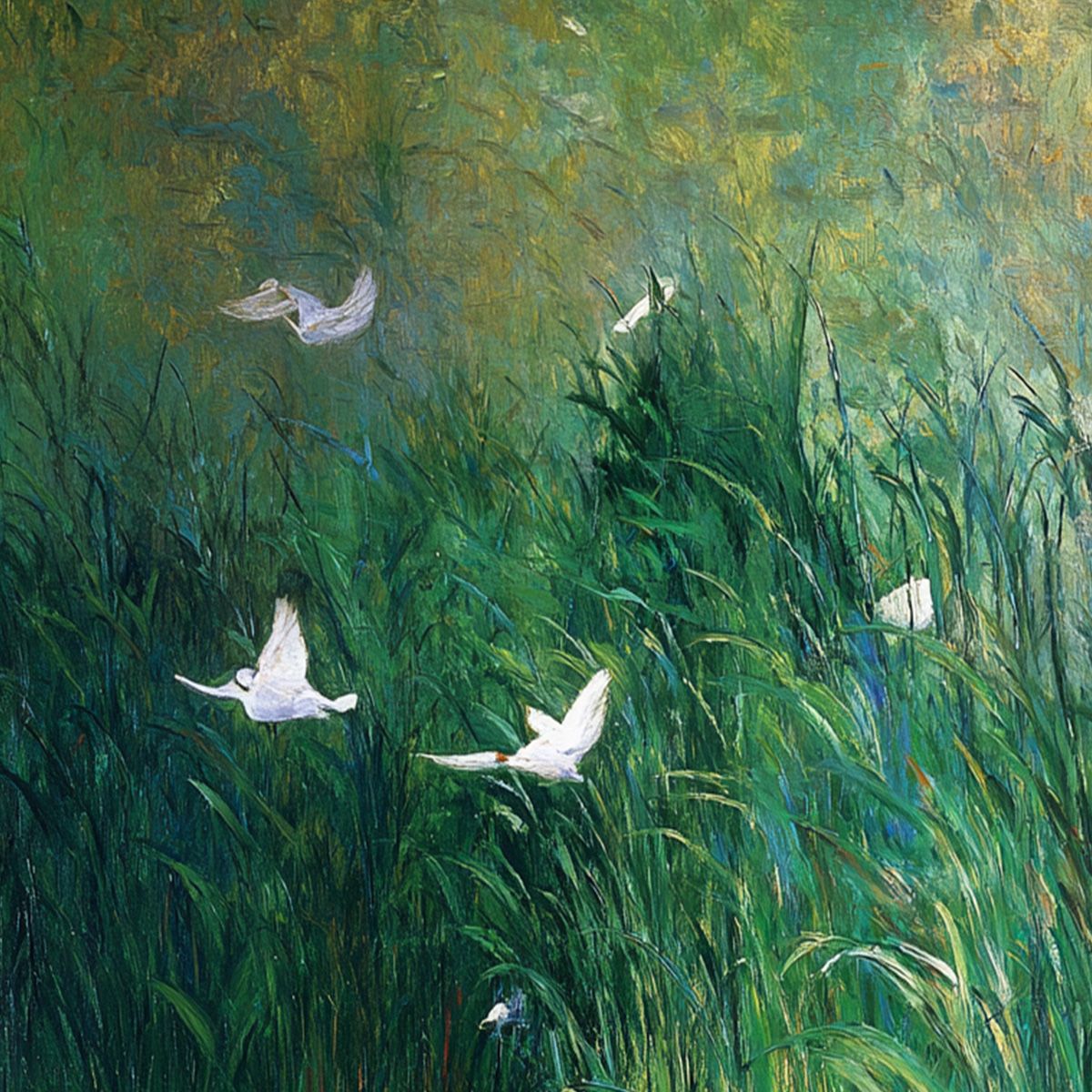 EMERALD FLIGHT: Vibrant Nature Painting of Birds Over a Serene Pond