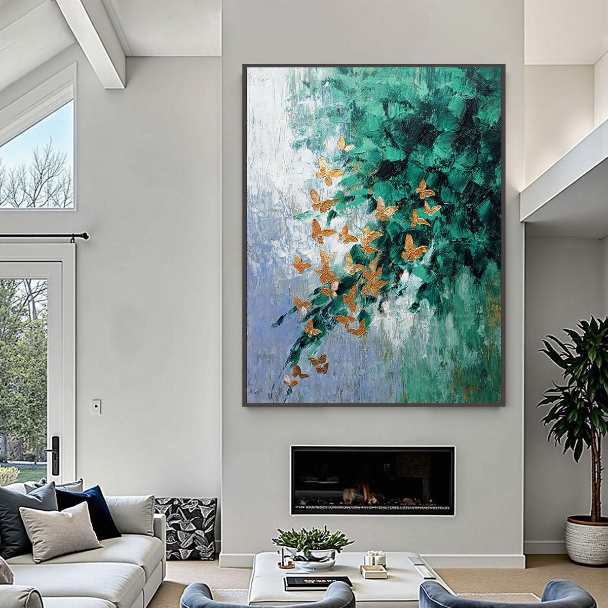 EMERALD FLUTTER: Textured Abstract Butterfly Painting with Golden Accents