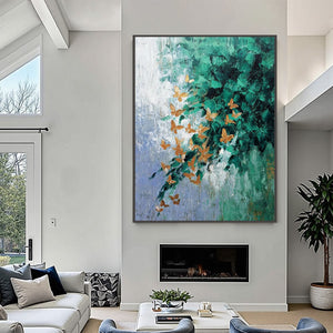 EMERALD FLUTTER: Textured Abstract Butterfly Painting with Golden Accents