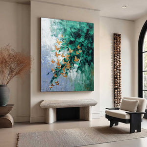 EMERALD FLUTTER: Textured Abstract Butterfly Painting with Golden Accents