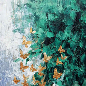 EMERALD FLUTTER: Textured Abstract Butterfly Painting with Golden Accents