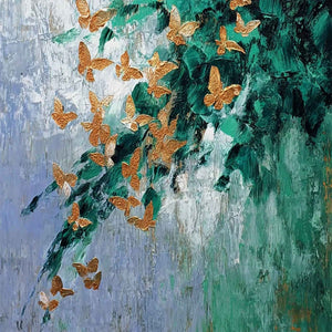 EMERALD FLUTTER: Textured Abstract Butterfly Painting with Golden Accents