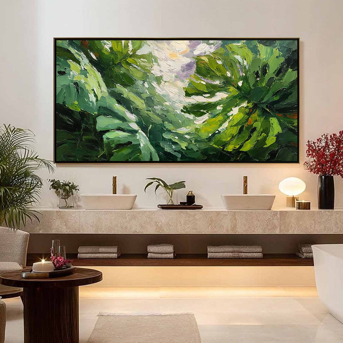 EMERALD GAZE: Textured Palette Knife Painting of Sunlit Tropical Leaves