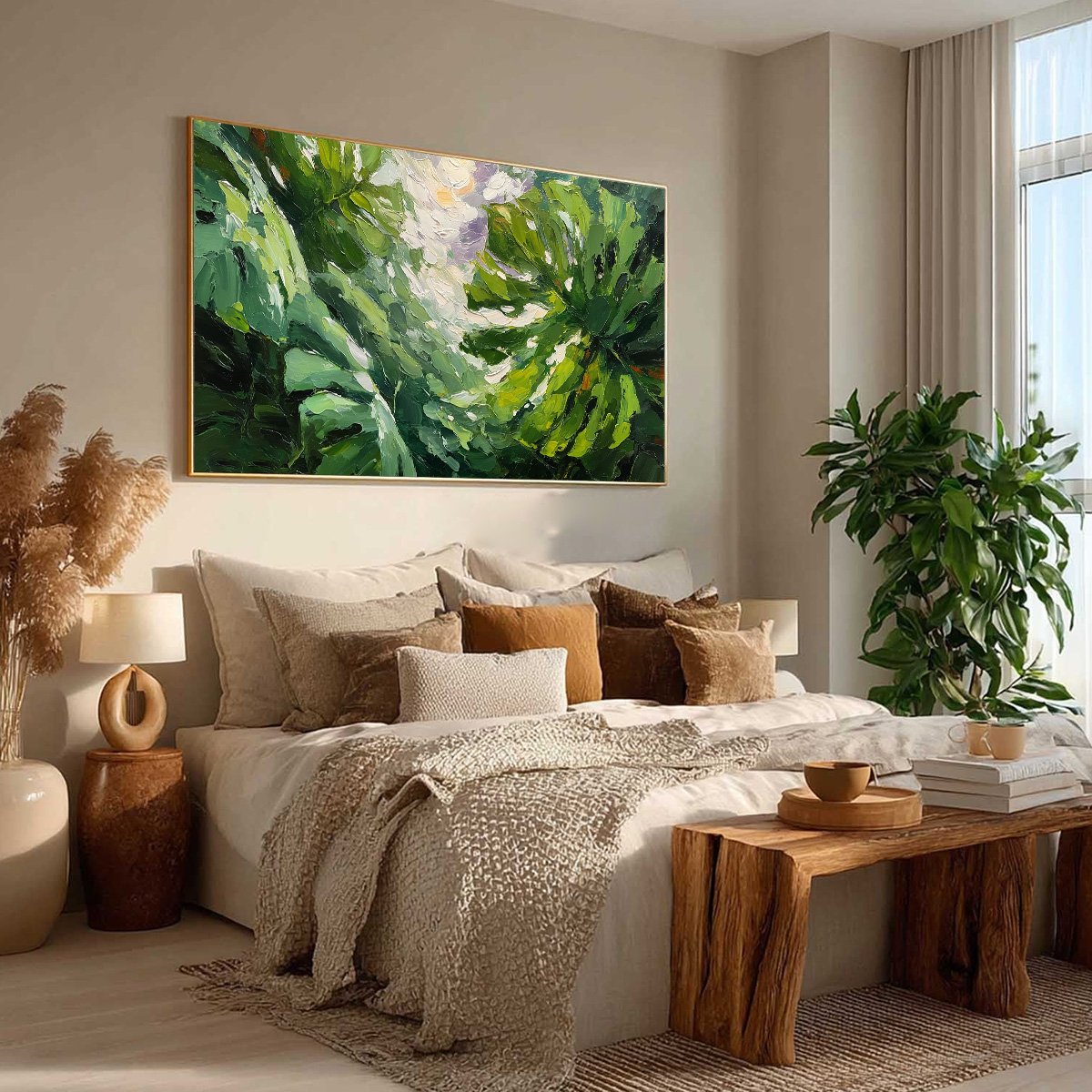 EMERALD GAZE: Textured Palette Knife Painting of Sunlit Tropical Leaves