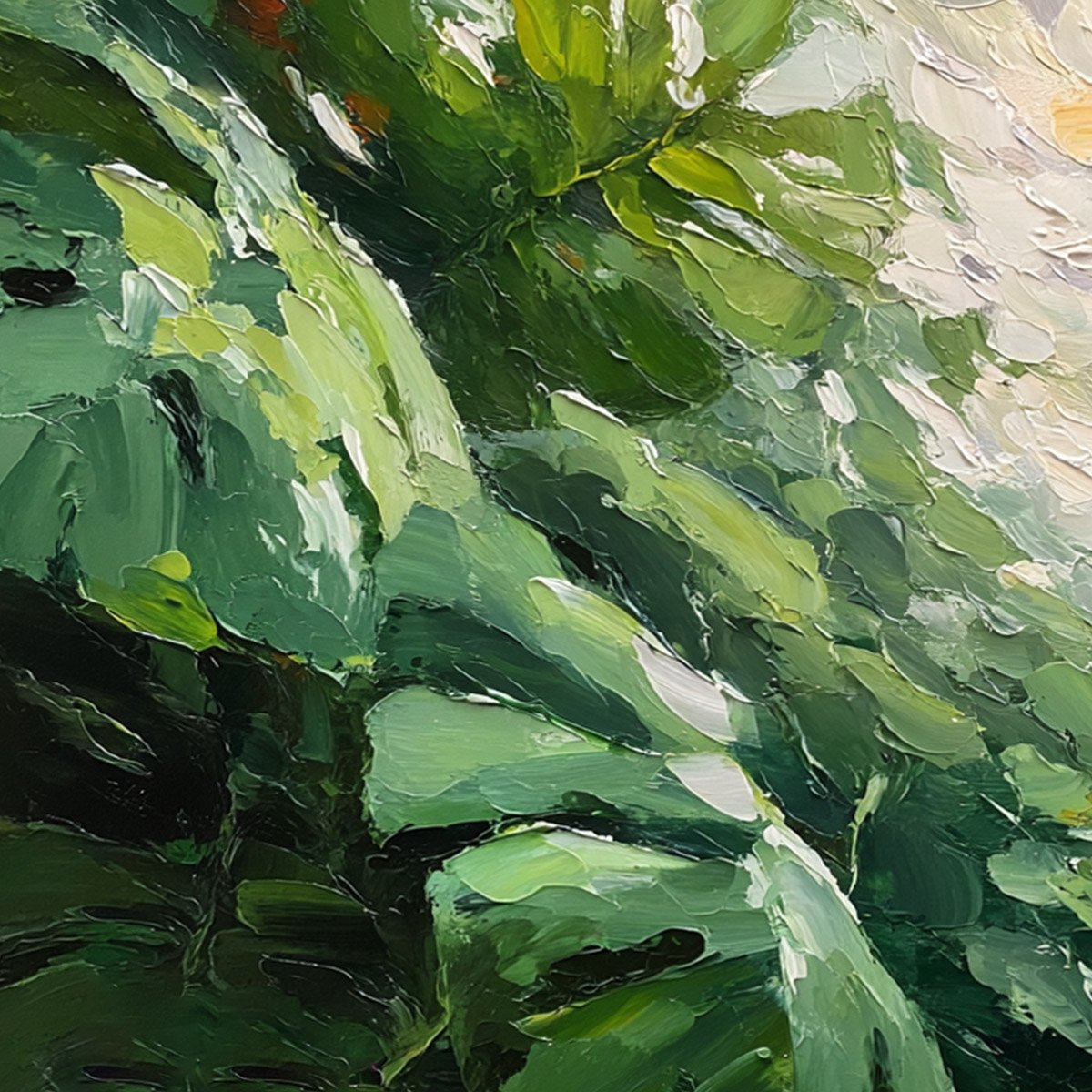 EMERALD GAZE: Textured Palette Knife Painting of Sunlit Tropical Leaves