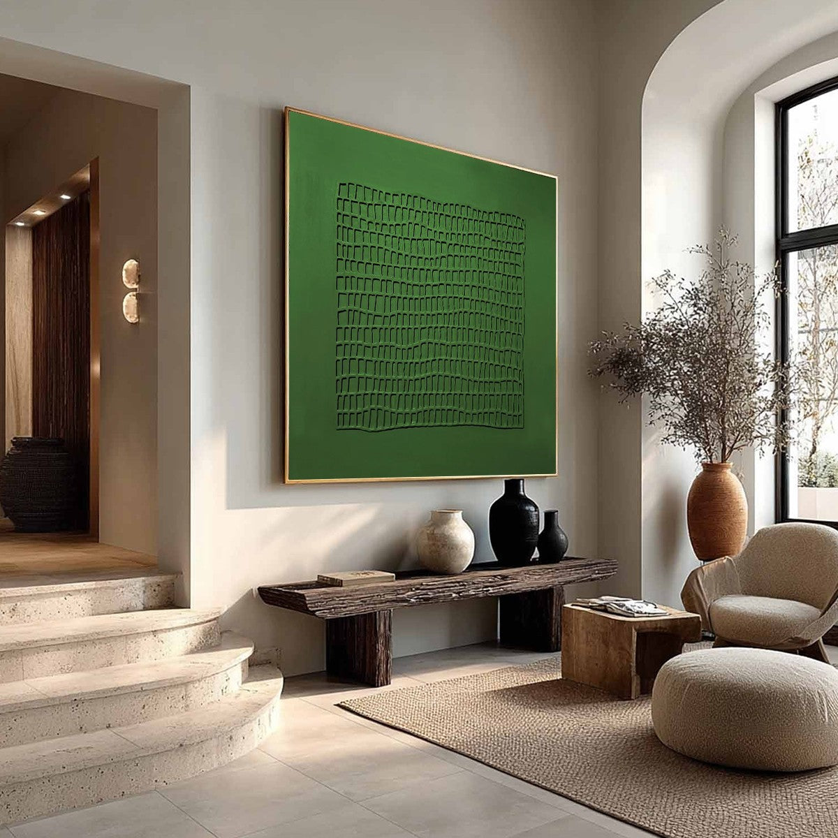 EMERALD GRID: Minimalist Textured Abstract Oil Painting