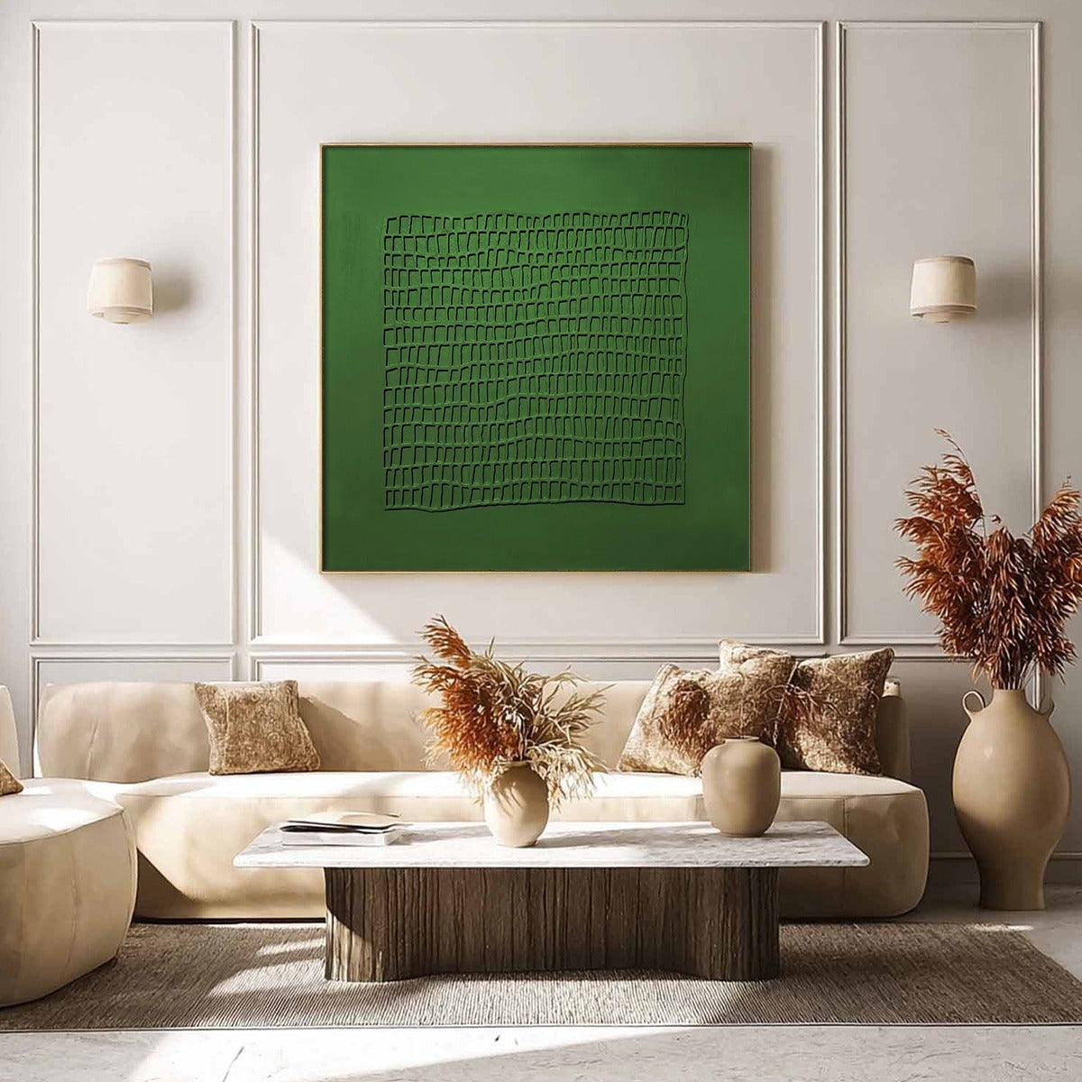 EMERALD GRID: Minimalist Textured Abstract Oil Painting